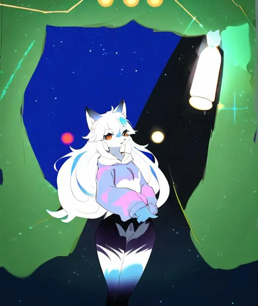 Prompt: A dreamlike state of color clean lines, pastel high contrast of an anthro fursona adult female furry red fox wearing a purple cozy hoodie with constellations adorning the sleeves who's rainbow and in the light, main color red and blue, surface like an oil spill, high detail, full animal, artstation, splash of color, dynamic lighting full body in frame, unwarped face