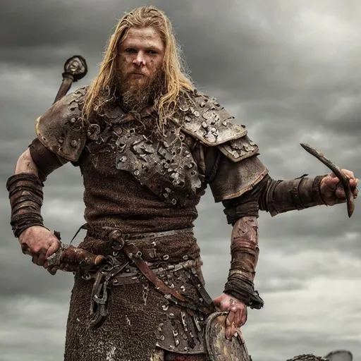 Prompt: photo of viking warlord after battle, detailed, viking armor, weathered, bloody, scar, realistic, detailed, ultra detailed, 4 k, cinematic lighting.