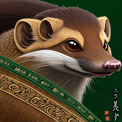 Prompt: Insanely Detailed Mongoose Japanese Mon, On a black Sash, Brown and Dark Green Colors, Intricately Detailed, Hyperdetailed, Legend of the Five Rings, Hyperrealistic, 4K, 8K resolution, 3D shading, beautiful, Asian Aesthetic, L5R, Anciant Japanese