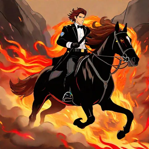 Prompt: Caleb  as a police officer (brown hair) (brown eyes) wearing a tuxedo, full body, riding a (demon horse, glowing red eyes, black coat, firey mane, and tail) running through hell