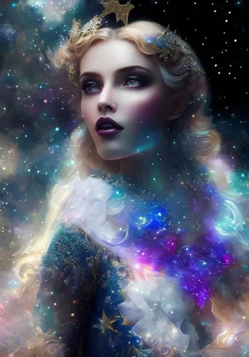 Prompt: Whimsical, very beautiful princess with a dress of light and stars, seen from the back, light and glittering and magic diamond shine, in the night but with a strange phosphorescent fluorescent light, watching the starry sky, add color, magical, ethereal, highly detailed, digital painting, extremely detailed, fantasy, intricate, 8k, portrait, very attractive ,beautiful, dynamic lighting, poster, imperial colors, close up, high definition, colourful ,cinematic postprocessing, pixel art
