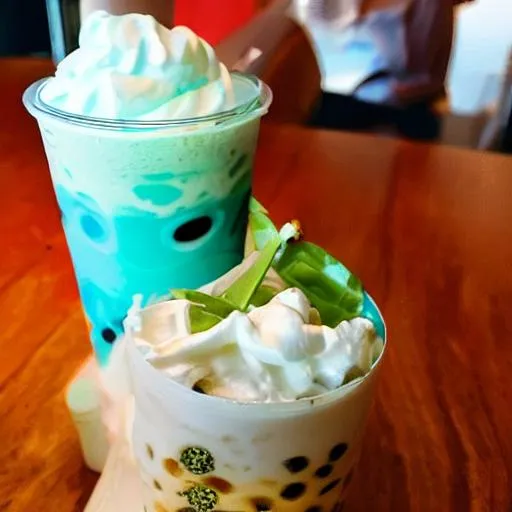 Turquoise tapioka bubble tea, whipped cream, yummy,... OpenArt