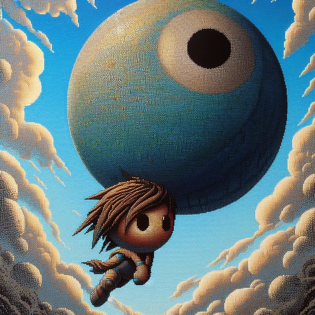 Prompt: a small cartoon character flying over the sky while moving around in a sphere of bricks, in the style of dan mumford, pointillist dotted textures, neo-geo, plush doll art, bronze and blue, emotionally-charged brushstrokes, close-up intensity