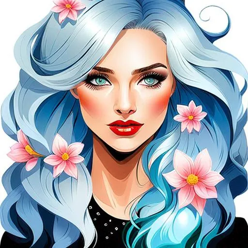 Prompt: Woman with thick silver hair, blue eyes, flowers in hair,ice blue color scheme