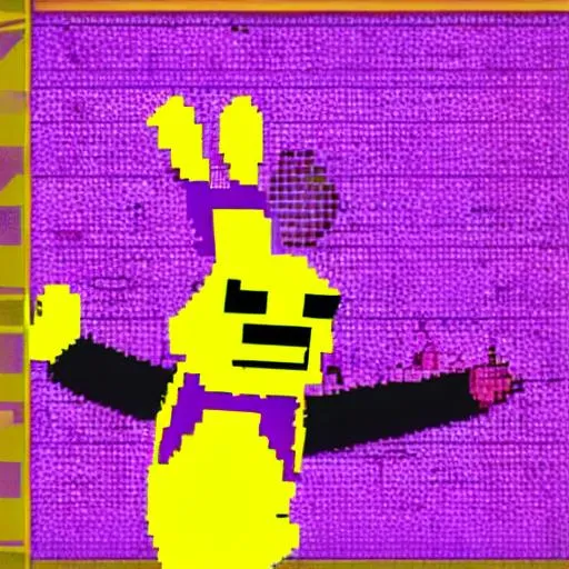 Prompt: a pixelated picture of a purple man in a yellow bunny costume killing kids at a pizzeria called Freddy fazbears with text that says criminal