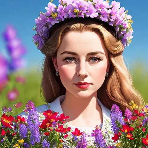 Prompt: young Queen Elizabeth ii surrounded by wildflowers, closeup