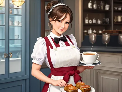 Prompt: 4K, 16K, picture quality, high quality, highly detailed, hyper-realism, cozy cafe, you're greeted by the charming maid with a welcoming smile. Her apron is neatly tied around her waist, and her hair is styled in a cute bun. You notice how she expertly carries the tray of steaming hot beverages to the customers, making sure each cup is placed perfectly on the saucer. As you sip your coffee, you can't help but admire the cafe maid's graceful movements and attention to detail.