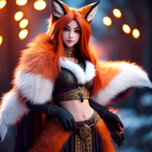 Prompt: Octane render, fantasy, Beautiful cute fox girl, ginger, big tail, midriff, jacket, fur cloak, dress skirt, very detailed face, full body,