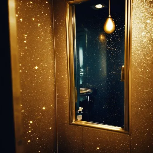 Prompt: View from inside a bathroom stall of a 16 year old Magician boy in a tuxedo leaning over the top of the bathroom stall waving and pointing his magic wand into the stall casting a spell causing gold sparkly magic to fly into and happen inside the stall