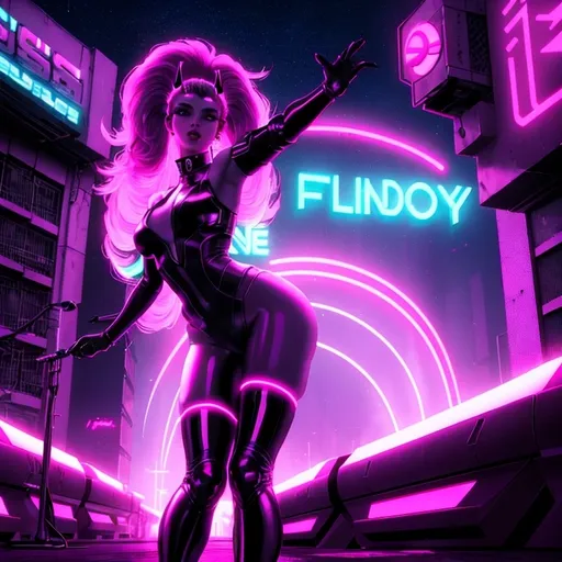 Prompt: a beautiful female demon in a dynamic pose in a retro futuristic synthwave cyberpunk neon paradise.  neon lighting, high quality, beautiful, synthwave, cyber, retro, futuristic