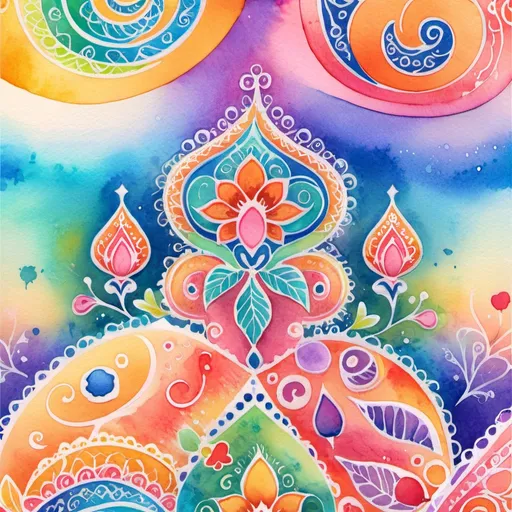 Prompt: A kawaii watercolor painting of artistic patterns with Henna art inspired embellishments and Flourishes, bright vibrant colors, Highly detailed, popping vibrant colors, Gradient Colors, Intricate details, Highly textured