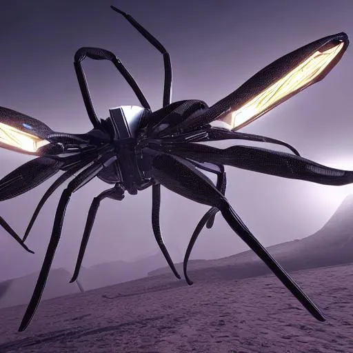 Prompt: Design a spaceship that looks like a daddy long-leg spider, photorealistic, cinematic lighting