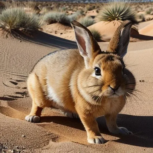 Prompt: The Dunespring has a sleek and streamlined design, reminiscent of a rabbit, with an added touch of desert-inspired elements. Its body is covered in a soft, sandy-colored fur that camouflages seamlessly with its desert habitat. The fur has a fine texture, resembling the grains of sand, and it shimmers under the sunlight, providing excellent heat reflection.

The ears of the Dunespring are elongated and pointed, resembling the iconic ears of a rabbit. They are lined with a thin layer of fine hairs that protect them from the blowing sand and help regulate the creature's body temperature. The ears can be turned in different directions, enabling the Dunespring to detect even the slightest sound.

The Dunespring's eyes are large and round, adapted for keen vision in the desert environment. They have a warm, amber hue that matches the golden sands of its habitat. These eyes are highly perceptive, allowing the Dunespring to spot predators or potential sources of food from a distance.

One of the most striking features of the Dunespring is its tail, which resembles a plume of swirling sand. The tail is long and flexible, often held high in a graceful arch. It aids in balance and stability while running through the shifting sands, and its mesmerizing appearance adds to the creature's overall charm.

In terms of behavior, the Dunespring is cautious and observant. It is constantly on the lookout for potential dangers, relying on its exceptional senses to detect any signs of danger. When threatened, it can swiftly burrow into the sand, disappearing within seconds and leaving behind only a faint trace of its presence.

The Dunespring is a symbol of adaptability and resilience, perfectly suited to survive in the harsh desert landscape. Its agile movements, keen senses, and sand-like appearance make it a remarkable creature that embodies the spirit of the arid wilderness.