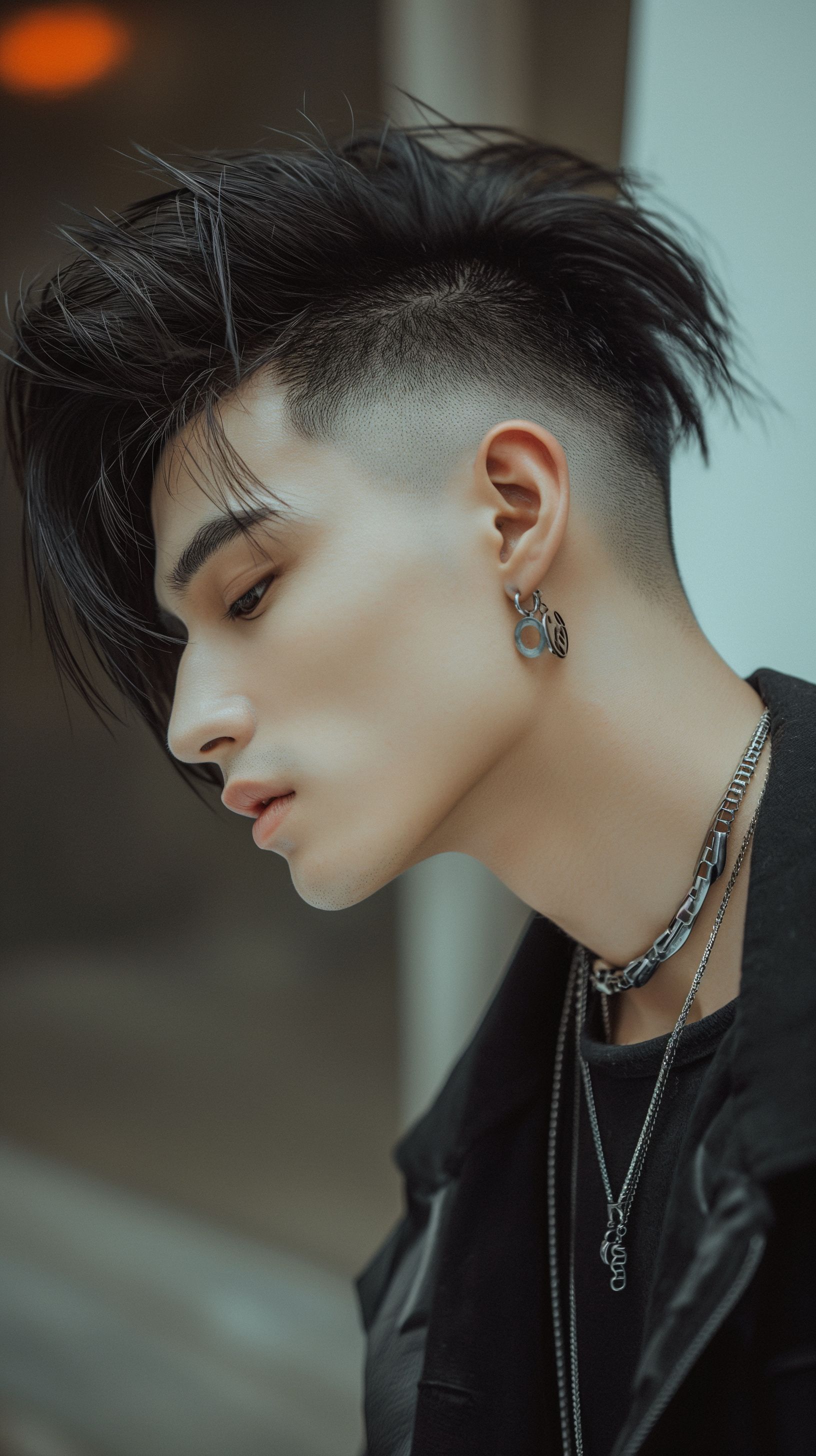 Prompt: side buzzed fade longer k-pop top cut with a trendy moehawk, hair cut sample, fashion magazine, high focus on trendy hairstyle, male model with thick eyeshadow --ar 9:16 --v 6.0