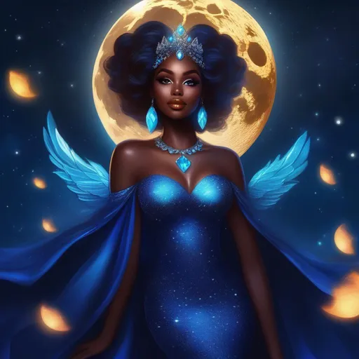 Prompt: Digital art painting full body full body flying at the moon blue glitter and beautiful pretty art 4k full HD fire princess as dark skin brown skin big lips full lips mad face smug smile 