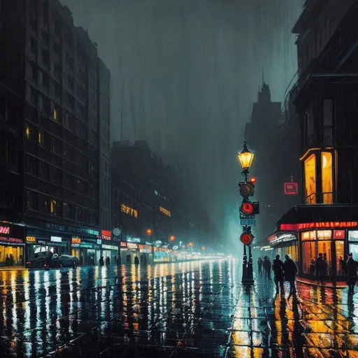 Prompt: AI-generated digital painting showcasing dramatic lighting and shadows reminiscent of film noir. Deep contrasts, low-key lighting, and strong chiaroscuro effects. Moody atmosphere and high level of detail. Art by Lucas Thompson and Emily Foster, A rain-soaked city street reflecting the city lights and neon signs, enveloping the scene in a mysterious and moody ambiance with a cinematic feel.
