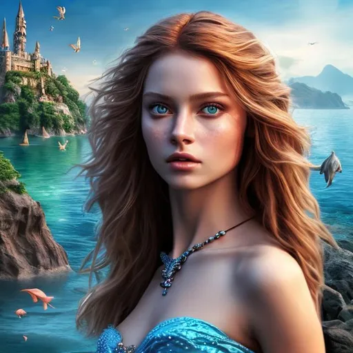 Prompt: 4k 3D professional modeling photo live action human woman hd hyper realistic beautiful english woman light brown hair fair skin blue eyes beautiful face blue simple dress enchanting mystical neverland landscape hd background with live action magic full body pirates mermaids indians