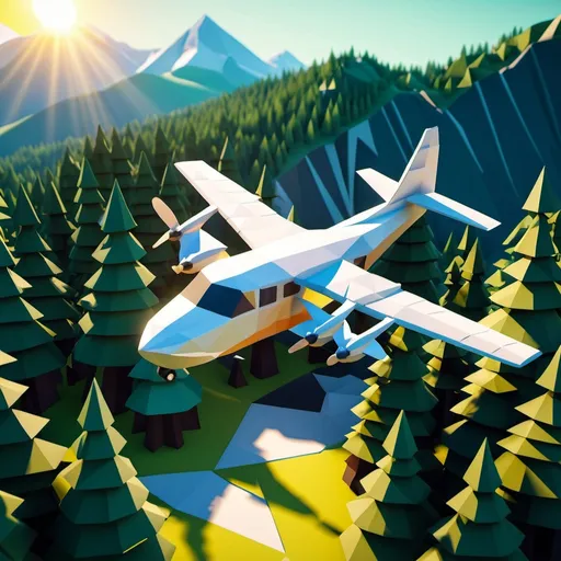 Prompt: Make a Low Poly Prop plane (Symmetrical) flying over a big forest with mountain behind it and with the sun shining in the middle all in a Low Poly world 