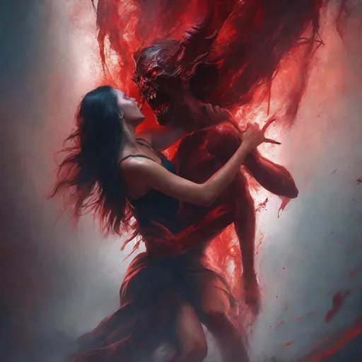 Prompt: concept art of demon strangling woman Horrifying vibrant bloody intense image. Everything is perfectly to scale. HD, 4k, UHD, High Resolution Award winning
