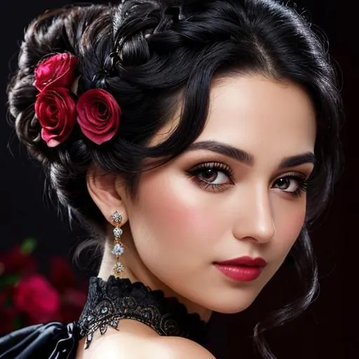 Prompt: Beautiful woman portrait wearing a black evening gown,  black hair, dark eyes, ruby jewelry,elaborate updo hairstyle adorned with flowers, facial closeup