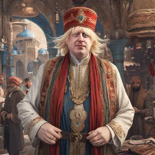 Prompt: Portrait of Boris Johnson as a merchant in a Middle East-inspired fantasy city. He wears a fez and richly embroidered robes. Mid-body shot, highly detailed, character illustration, 8K.