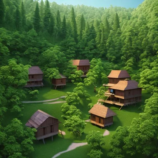 Prompt: a lush green forest with beautiful trees, nice daylight, nice weather, 3 small wooden house cabins 1600s style. Trending on artstation, 4k digital art