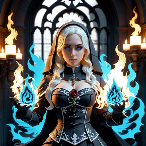 Prompt: 4k, anime, Nordic Victorian, powerful, female, nun, ghost rider, blue flames, gothic autonomy body shape, muscular slim tone, perfect abs, detailed arms, legs, feet, hands, toes, fingers, intense gaze, high-quality, gothic, ethereal lighting, blue flames, detailed eyes, atmospheric, professional