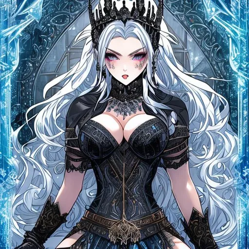 Prompt: highly detailed 9k UHD Full Body View anime goddess Queen of Kings, got raven hair. Dark as night icy eyes Nordic detailed fused with Victorian cell shade. showing her six pack abs.