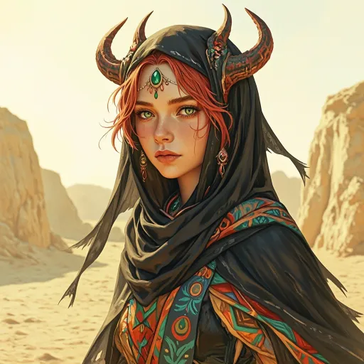 Prompt: A digital drawing.  A striking figure emerges from a desert landscape, showcasing a blend of majestic features and intricate details. The character, adorned with a flowing, patterned scarf and colorful attire, stands against a muted backdrop of sandy hues, enhancing the warm atmosphere of the scene. Her vivid green eyes gleam with intensity, partially obscured by a dark veil that adds an aura of mystery. Delicate jewelry and ornate embellishments adorn her head, intertwining with fiery red hair and dragon-like horns that suggest a fantastical element. The overall composition speaks to a narrative of strength and elegance, enveloping the viewer in an enchanting, otherworldly ambiance.  Cinematic lighting, painterly textures, subtle blush, vintage ambiance, soft shadows.