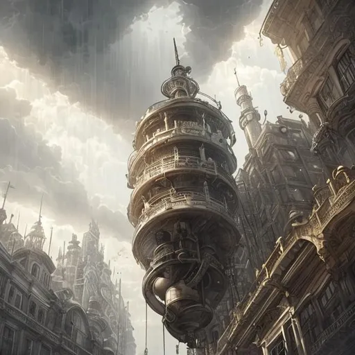 Prompt: epic illustration of a large beautiful 1800 white  steampunk city. looking up at the city from below. cloudy sky. 