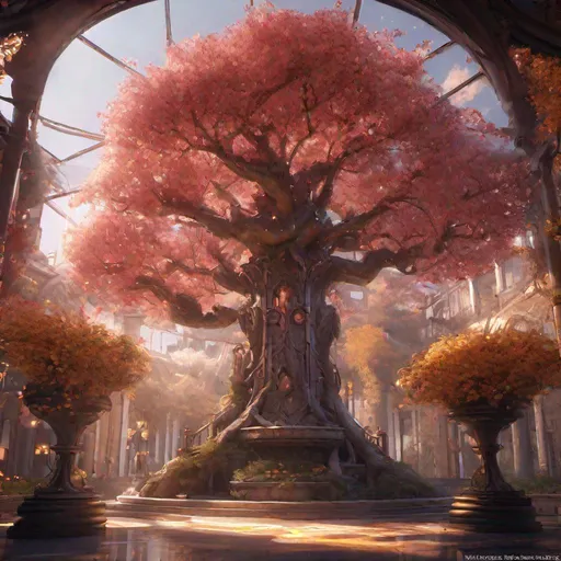 Prompt: beautifully detailed, magic academy built around a tree, crimson cascade weeping peach tree, large glass windows, golden amber filigree, concept art, epic lighting, finely-tuned, octane rendering