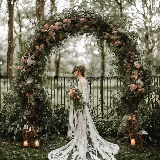 Prompt: a brilliantly detailed art nouveau style wedding arch with floral, forest and ethereal elements