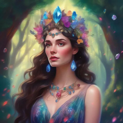 Prompt: A colourful, beautiful brunette, Persephone, in a beautiful flowing dress made of glittering gemstones, wearing a gemstone headdress in a forest of magical trees. In a painted Disney style.