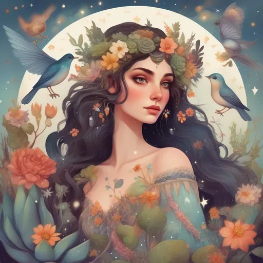 Prompt: A colourful and beautiful Persephone as a fairy with stars, succulent and gems in her brunette hair. In a beautiful flowing dress made of plants. Surrounded by birds and clouds, in a painted style