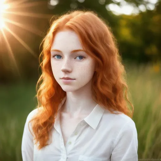 Prompt: Portrait of Ginger pale skin freckled young skinny woman, freckles, Norwegian, turned up small nose, long wavy ginger unwashed hair, thin lips, cute face, pure, ((white open shirt)), ((shy)), sun from behind, sun on hair, 18 years old, thin

Ultra high definition, realistic picture, detailed, intricated, 4K, 8K, wallpaper, award winning