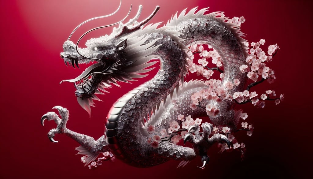 Prompt: Wide photo render of a dragon crafted from shimmering liquid metal, its body covered in intricate cherry blossom patterns. The background is a deep shade of red, highlighting the dragon's gleaming white and dark shades. The visual style should resemble high-fidelity rendering techniques seen in graphics engines.