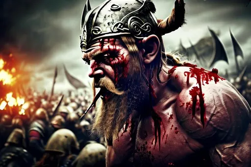 Prompt: Scary looking viking with blood on his face, during a battle, realistic, 4k, Strong man