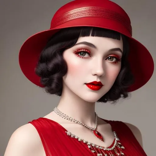 Prompt: a pretty girl  dressed in red,  flapper, wearing a  large red hat 1920's era, bob hair cut, 1920's era makeup, facial closeup