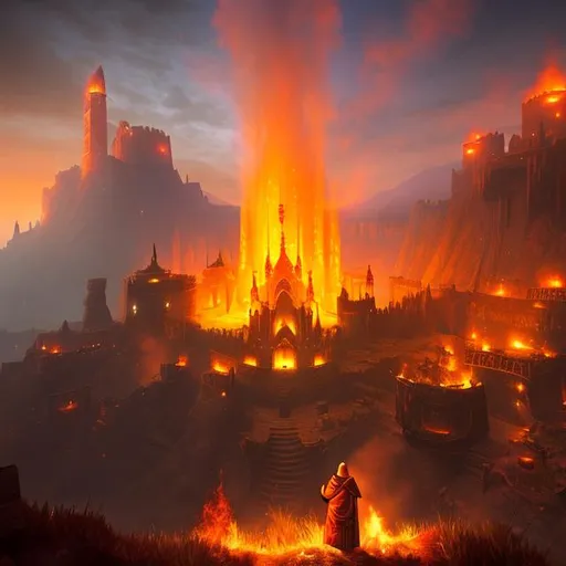 Prompt: Gabe Newell as a monk, fantasy Wasteland, {{{Masterpiece}}}, 4K, castle ruins, painting, traditional art, fire hands