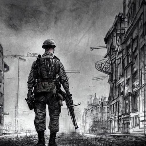 Prompt: pencil art, distant shot, realistic, cinematic, hyper detailed, smooth, soldier with skull face walking up to the army in a cityscape to fight a war.