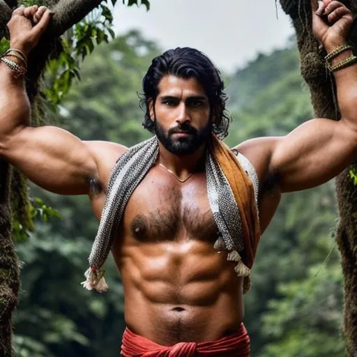 Prompt: "a hyperreal scene of hyperreal handsome rugged warrior hunk boy", indian weapon, ""hyperreal "detailed" face"", hanging from a tree in a dense forest at moonlight, wearing shawl and dhoti, sweaty hairy chest, river, depth of field, arena, perfect composition, hyperrealistic, super detailed, 8k, high quality, trending art, trending on artstation, sharp focus, studio photo, intricate details, highly detailed, by greg rutkowski