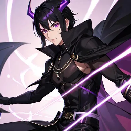 Prompt: Desmosin (male, black hair, purple eyes) wearing a cape, as a demon