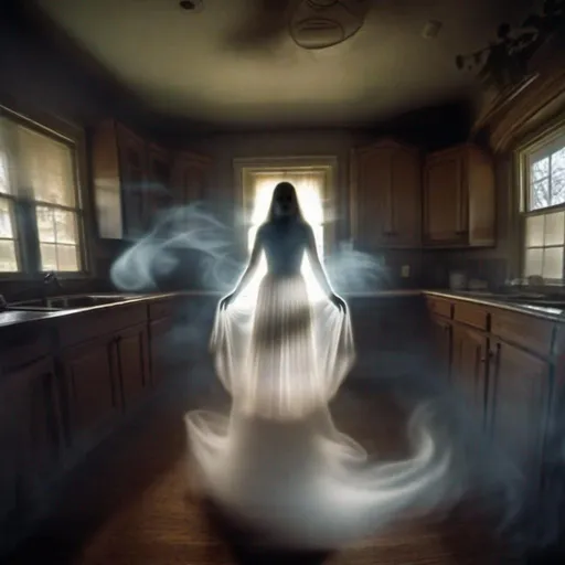 Prompt: (((distorted fisheye photography, interior 1800's Kitchen))), Ghost story fantasy art transparent outline of smoky ghostly 
 apparition,   twilight vapor full body invisible female made of vapor, mysterious, , ethereal, ominous, flickering light, spooky, classical,  
