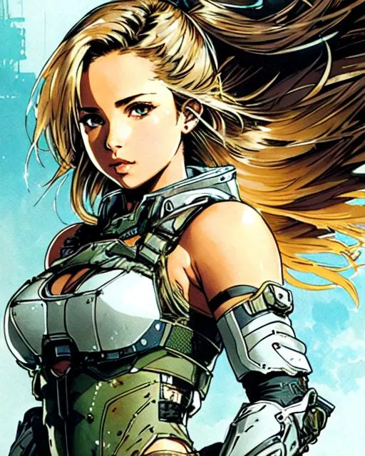 Prompt: (((Yoji Shinkawa))), sticker of ultra detailed portrait of Naomi Scott in Very tight dress armor, high quality cell shaded illustration in post apocalyptic style by Yoji Shinkawa,(((dynamic pose))), ((full body)),  perfect anatomy, centered, freedom, soul, blond short hair, approach to perfection, cell shading, 4k , cinematic dramatic atmosphere, watercolor painting, global illumination, detailed and intricate environment, artstation, concept art, fluid and sharp focus, volumetric lighting, cinematic lighting, Art by Yoji Shinkawa,
