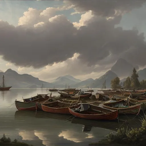 Prompt: a painting of  a stunning outdoor landscape, with a tranquil lake surrounded by majestic mountains and fluffy clouds in the sky. The scene is dominated by shades of grey, with an accent color of warm brown. In the foreground, several boats can be seen floating on the water's surface. One boat stands out from the rest due to its close proximity to the camera lens; it appears as if it is about to drift away into oblivion. Further away from this boat are other vessels that appear small and distant against the backdrop of nature's beauty. Trees line up along both sides of the lake shore,