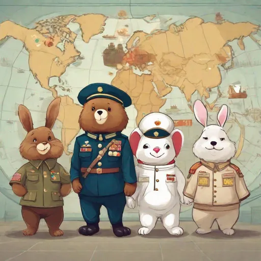 Prompt: one cute eagle in US Marine uniform. one cute brown bear in Russian military uniform. one cute white Rabbit in Chinese PLA uniform.

these three animals smile and take dinner together in a Spaceship, a world map at background