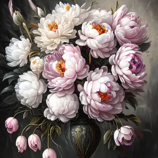 Prompt: PAEONIA ALERTIE realystic style 11 flowers bouquet ligthener white pink vintage art old style oil painted  craced canvas  dark background 