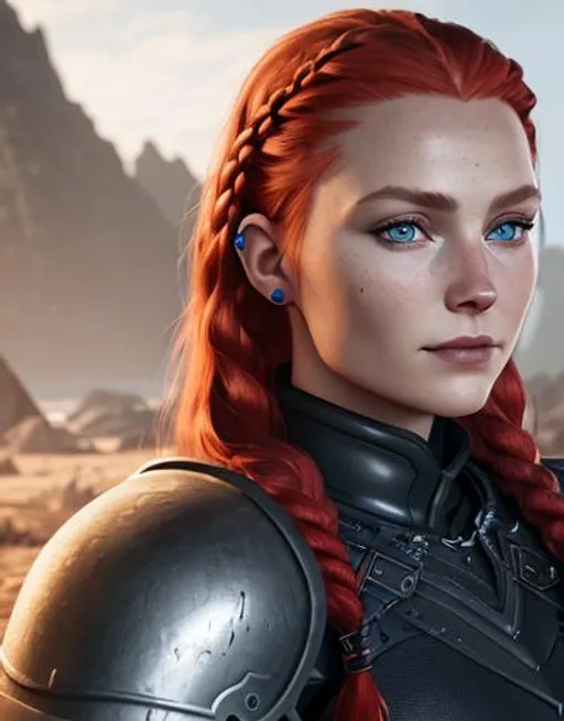 Prompt: Digital art, woman viking, cartoon likeness, subtle smile, red hair, cornrow braids, blue eyes, black gear, black armor, unreal engine 8k octane, 3d lighting, full body, full armor