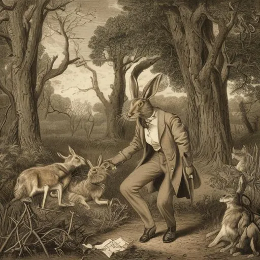 Prompt: hare turns into a british man in the forest in london, 19 century