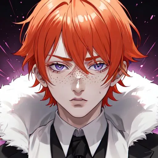 Prompt: Erikku male (short ginger hair, freckles, right eye blue left eye purple) UHD, 8K, Highly detailed, insane detail, best quality, high quality. As the godfather, mafia, crime lord, sadistic look on his face